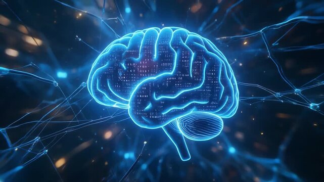 Futuristic AI brain glowing within a digital neural network
