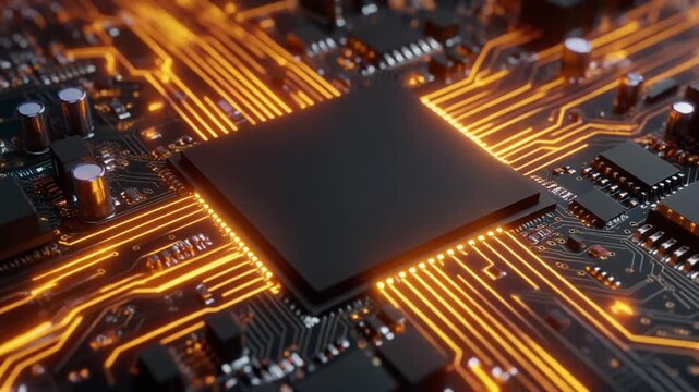 Close up of AI processor chip glowing with energy pulses on circuit board