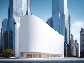 Sleek White Architectural Structure Against Modern Glass Skyscraper Cityscape