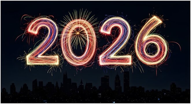Happy New Year 2026 Sparkler Fireworks over City Skyline