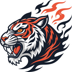 Fierce Tiger Head with Flaming Mane Illustration, Perfect for Sports Mascot and Aggressive Emblem Design