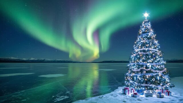 Stunning Christmas Tree with Colorful Northern Lights Reflected on a Frozen Lake