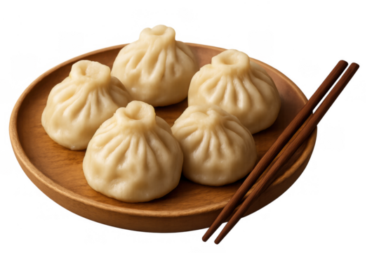 Steaming dumplings with chopsticks on a wooden plate, traditional asian cuisine, perfect for a hearty dinner or appetizer