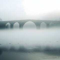 A tranquil scene of a historic stone bridge with multiple arches spanning over a calm river on a foggy day, creating a serene and mysterious atmosphere