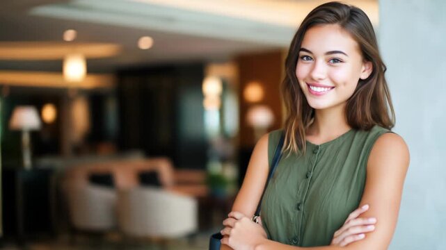 Confident young woman portrait arms crossed hospitality or corporate setting