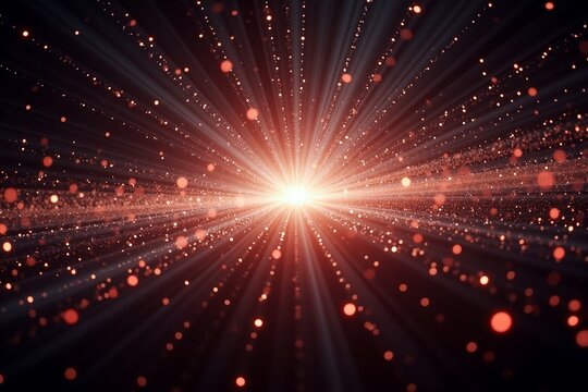 Golden light bursts from center, radiating sparkling particles against dark voidcelestial explosion of radiant energy and cosmic wonder.