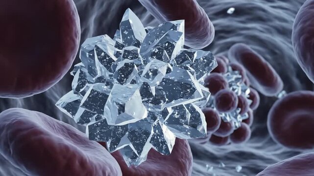Uric acid crystals forming, each crystal glimmers within fluid motion, hinting at early gout formation