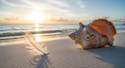 A seashell and feather resting on a sandy beach during sunset with gentle waves in the background