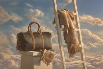 Elegant patterned travel bag and ladder soaring through an ethereal sky.