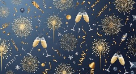 New Year Celebration Fireworks Champagne Party Background.