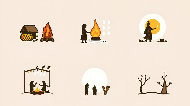 Ancient Festival Icons. Solid, filled icon set of old belief festivals: harvest festival, solstice bonfire, rain dance, full moon feast, spring ritual, winter