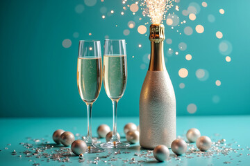 Champagne bottle and flutes on teal table, sparkles, silver balls, "206" numbers. Festive celebration scene.