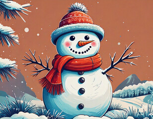 Snowman in Scarf and Hat in Natural Tones AI