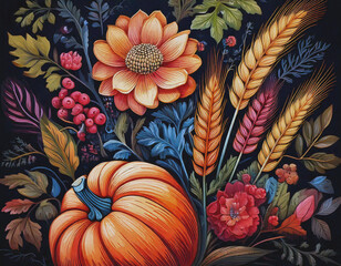 Primitive Harvest Illustration in Bold Fall Colors on Black, Pumpkin, Grain, Flowers AI