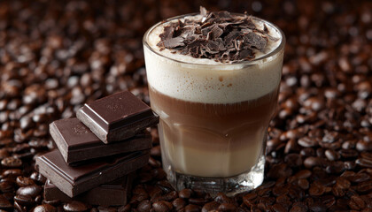Delicious layered coffee drink with chocolate, resting on roasted coffee beans.