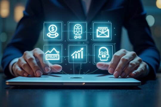 Businessman interacts with futuristic holographic interface displaying finance, analytics and security icons on sleek tablet.