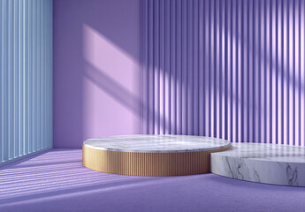 Modern marble podiums, soft purple room with subtle light and shadow play.
