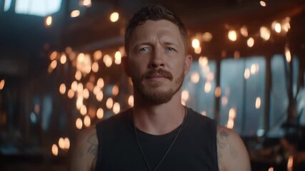 Portrait of a focused man with beard and tattoo sparks and warm lighting - Powered by Adobe
