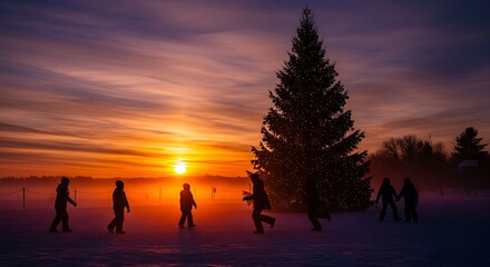 Silhouettes of people walking in the snow at sunset with a Christmas tree.