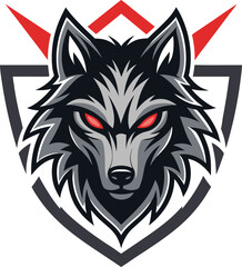 Powerful and intense wolf head logo illustration with glowing red eyes, perfect for gaming, sports, or team branding
