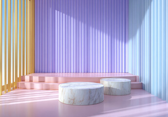 Abstract pastel geometric background with golden accents and marble cylindrical pedestals.