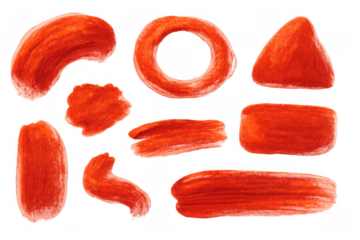 Red paint brush strokes creating abstract shapes and textured smears, isolated on transparent background for art and design