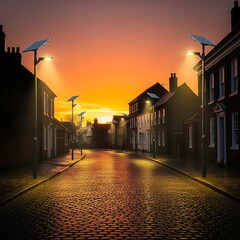 Cobblestone Street with Solar Powered Streetlights at Sunset.