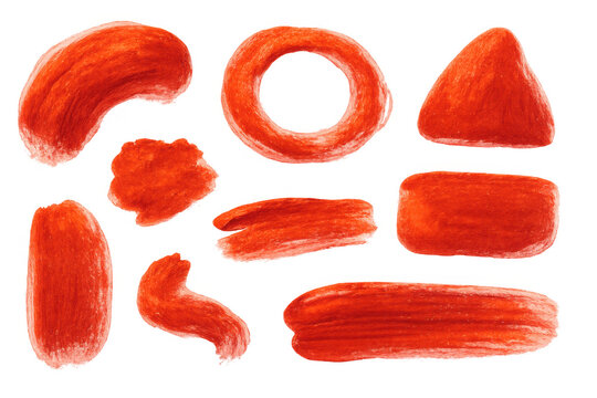 Red paint brush strokes creating abstract shapes and textured smears, isolated on transparent background for art and design