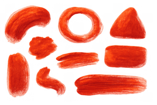 Red paint brush strokes creating abstract shapes and textured smears, isolated on transparent background for art and design