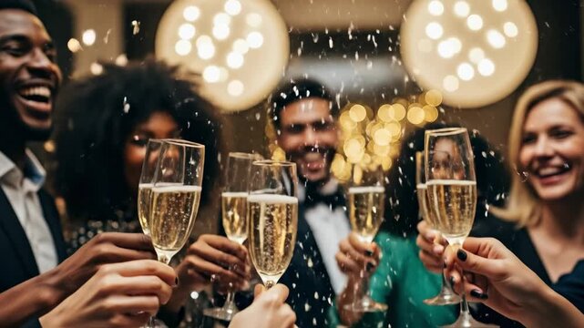 Group of Young Adults Celebrating with Champagne Toast in Festive Setting