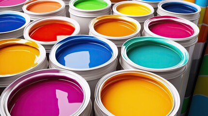 Fototapeta premium Colorful paint cans in various bright shades.