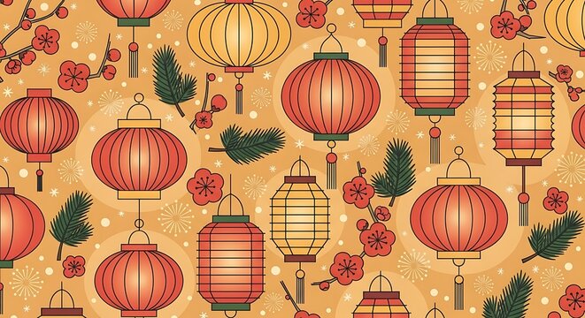 Seamless Pattern of Traditional Chinese Lanterns and Cherry Blossoms.