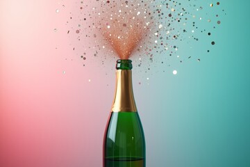 Champagne bottle bursts, sparkling confetti flies upward against vibrant gradient background. Celebratory moment captured in vivid colors and motion.