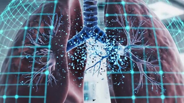 Close-up visualization of human lungs with futuristic AI technology overlay, showcasing detailed bronchial tree and grid pattern with blue nodes and lines.