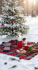 Winter Picnic in the Snow with Christmas Tree.