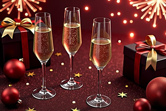 Three champagne flutes on festive red table, gifts, ornaments, and fireworks backdrop. Holiday celebration scene.
