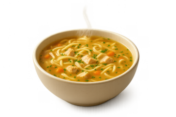 Chicken noodle soup steaming in a light bowl. Delicious and warm comfort food with transparent background