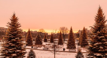 Winter landscape with snow-covered trees and a beautiful sunset.