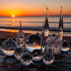 Glass Ornaments on a Beach at Sunset.