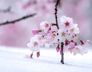 Pink cherry blossoms in the snow