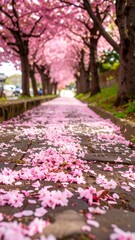 Pink Cherry Blossoms Line a Cobblestone Path