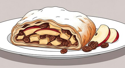 Delicious Apple Strudel with Raisins and Sliced Apples on a Plate.