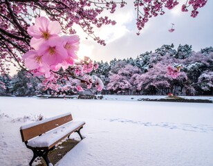 Pink cherry blossoms on a snowy day