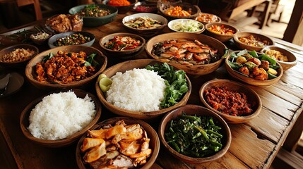 Fototapeta premium Abundant spread of diverse dishes, rice, vegetables, and meats in rustic wooden bowls on a table.