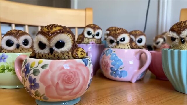 Captivating close-up of adorable owl figurines nestled in colorful teacups on table
