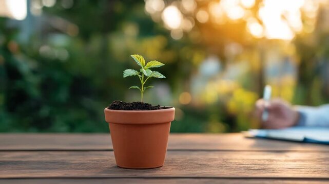 Plant growth in pot on wooden table with person writing study growth business concept