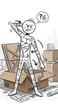 Frustrated cartoon person covered in assembly instructions struggles with DIY furniture, symbolizing complexity and confusion.
