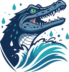 Dynamic illustration of a powerful aquatic reptile, resembling an alligator or crocodile, bursting forth from turbulent water with energetic splashes