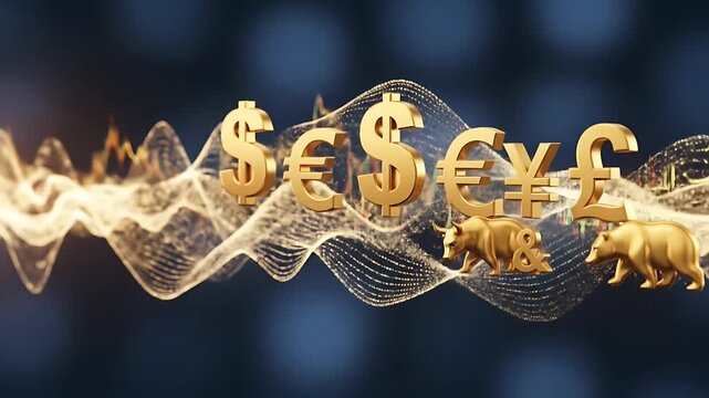 Golden Currency Symbols with Bull and Bear Figures