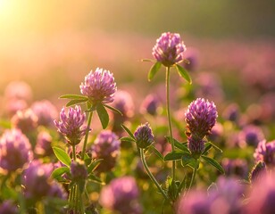 Pink clover blossoms in golden light